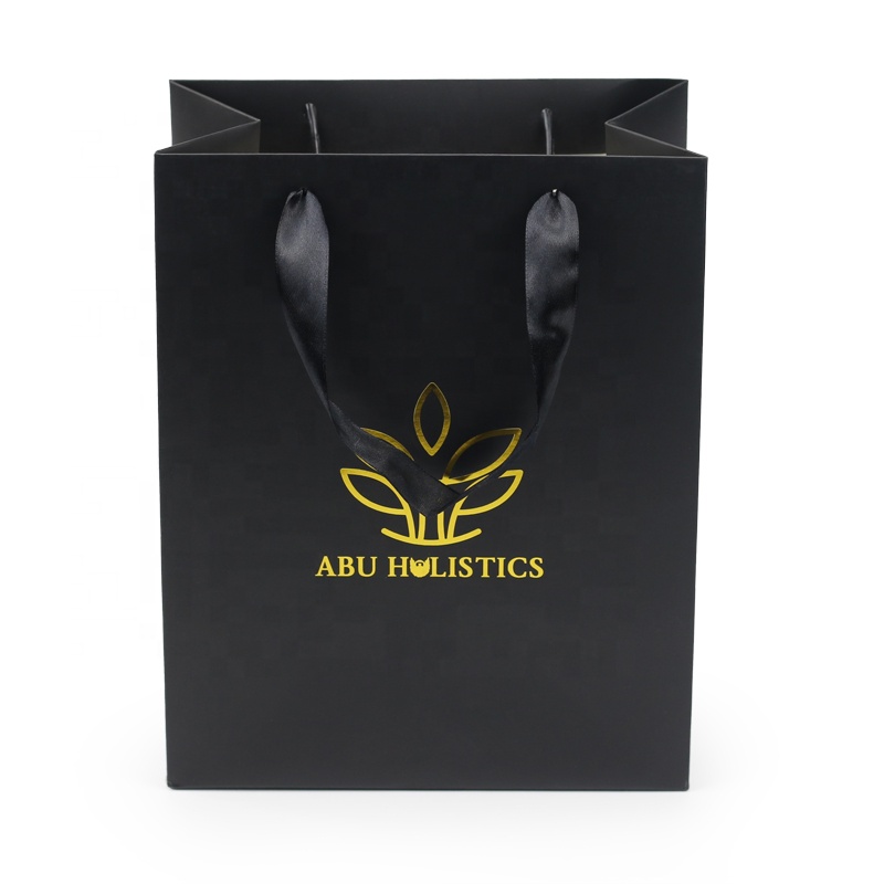 Matte Lamination Ribbon Handle Black Shopping Paper Gift Bags Custom Logo