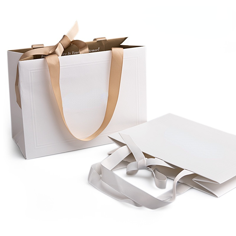 Custom Luxury Ribbon Gift Bag Handle White Cardboard Shopping Packaging Bag