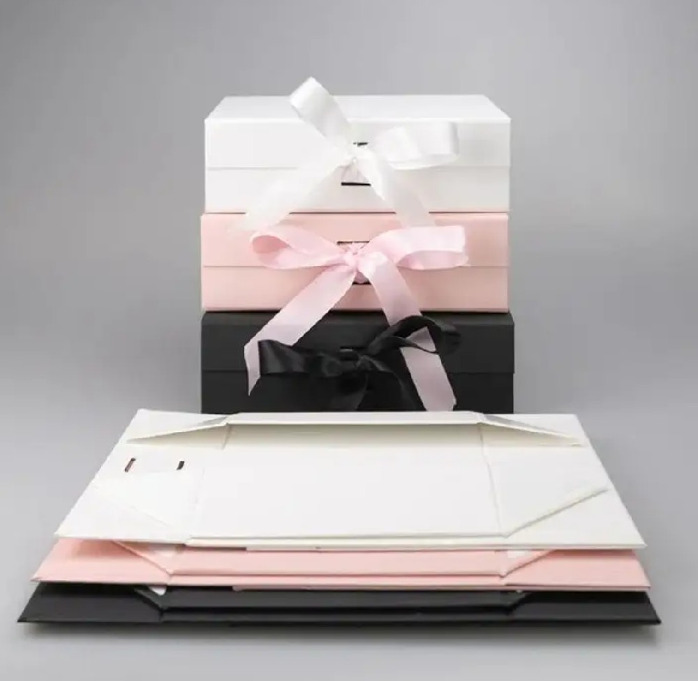Rigid Paper Packaging Collapsible Box Custom Printed Ribbon Hard Paper Folding Magnetic Box